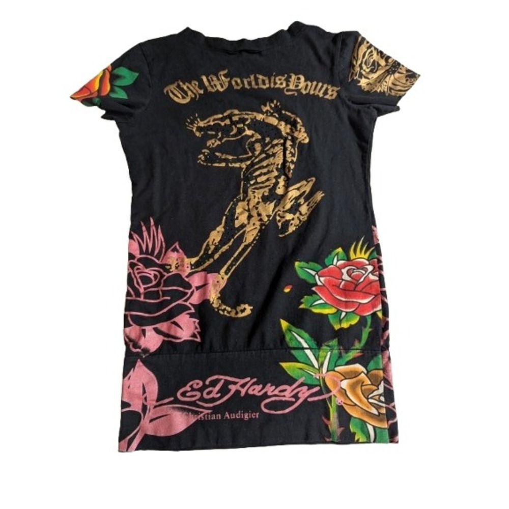 Vintage‎ Ed Hardy Long Baby Tee Panther Rose Tattoo Tunic Christian Audigier L - Picture 2 of 15